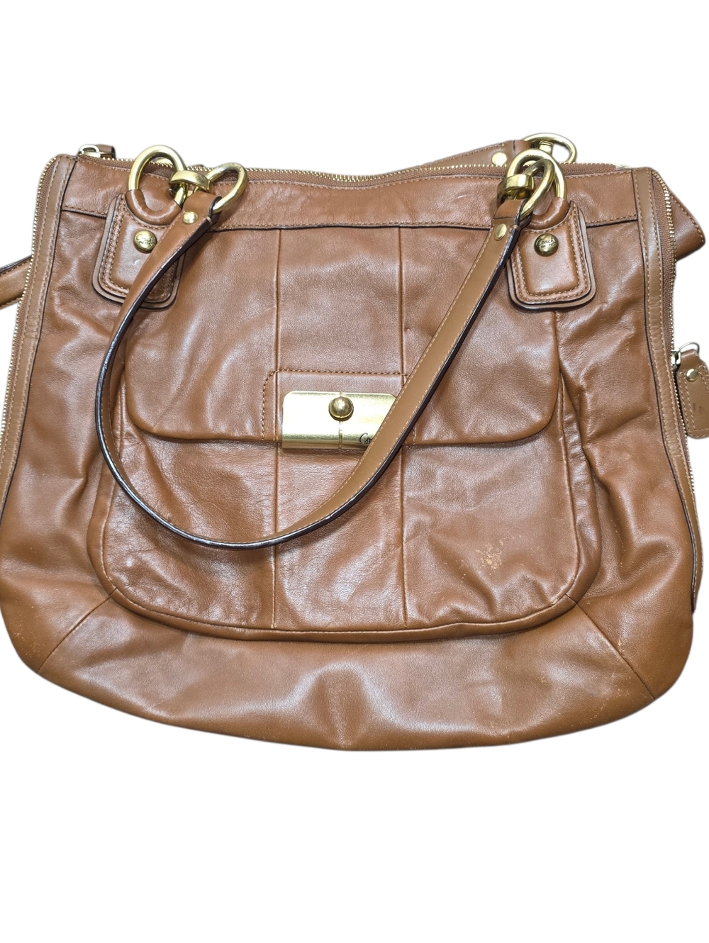 Coach Ashley Leather Tote Brown Turn Lock Pocket Large Shoulder Bag 13296 - Picture 3 of 12
